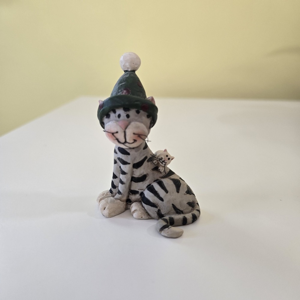 Suzi Skoglund Striped Small Cat Figure With Christmas Hat Blossom Bucket
